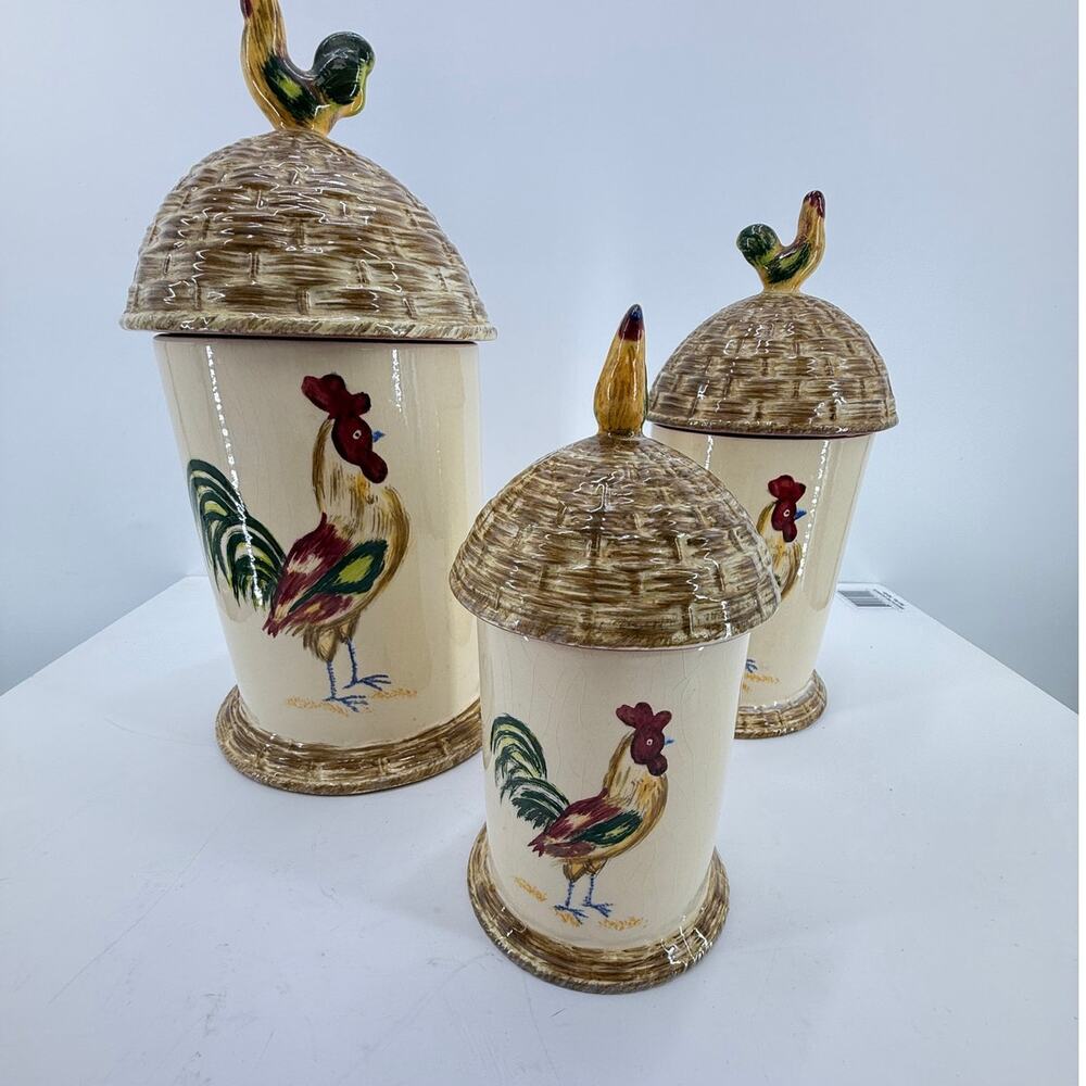 Mikasa Bon Jour Rooster Canister Set 3 Ceramic Farmhouse Country Kitchen Cottage